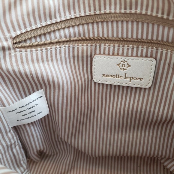 Nanette Lepore Woven Straw Crossbody Bag Gold Chain Strap Beige White Trim - Picture 4 of 8